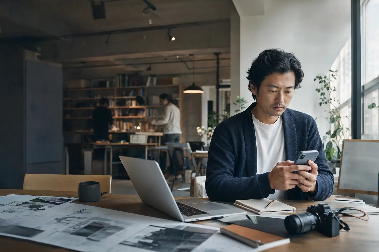 スマートフォンでTASUKI FLOWを確認する仕事風景